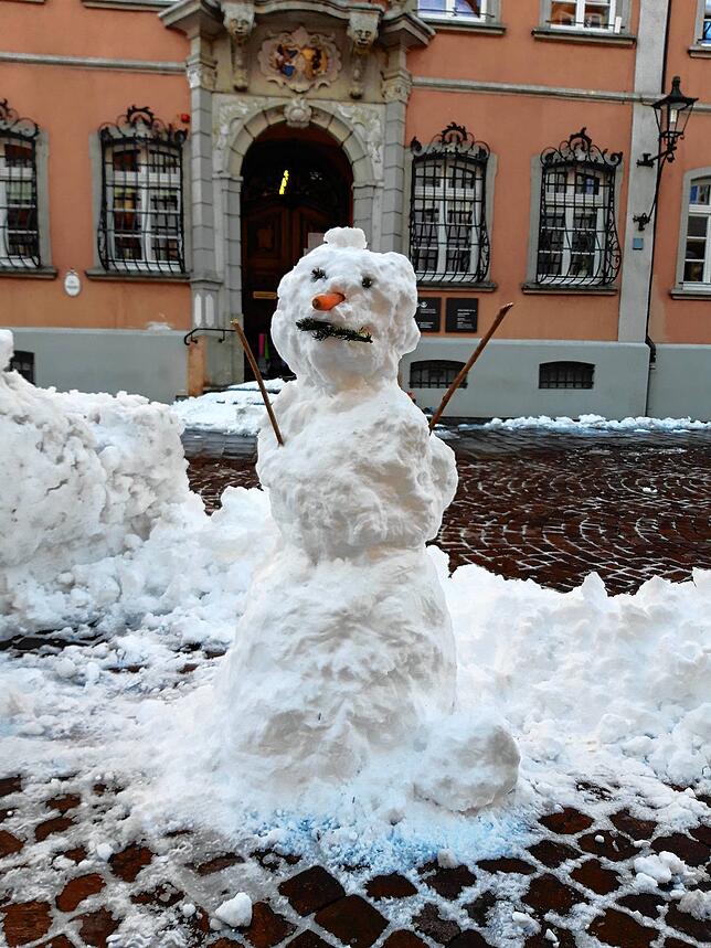 Die Niederschläge am Donnerstag und Freitag reichten für einen Schneemann in der Waldshuter Kaiserstraße &ndash; direkt vor dem Rathaus. ...