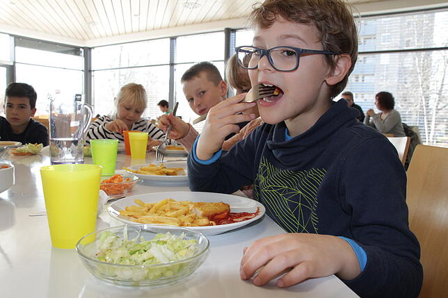 Gustavo lässt sich die Hähnchenkrosties mit Pommes schmecken. Bei diesem Essen gibt es keine „neisigen“ oder „schnaigigen“ Kinder, wie ...