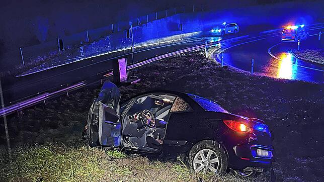 Ein Auto kommt von der Autobahnabfahrt ab und landet auf der Wiese.