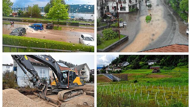 Die oberen beiden Bilder zeigen Überschwemmung und Schlammlawine in Ludwigshafen im Juli 2017. Links unten ist ein Foto vom Kanalausbau ...