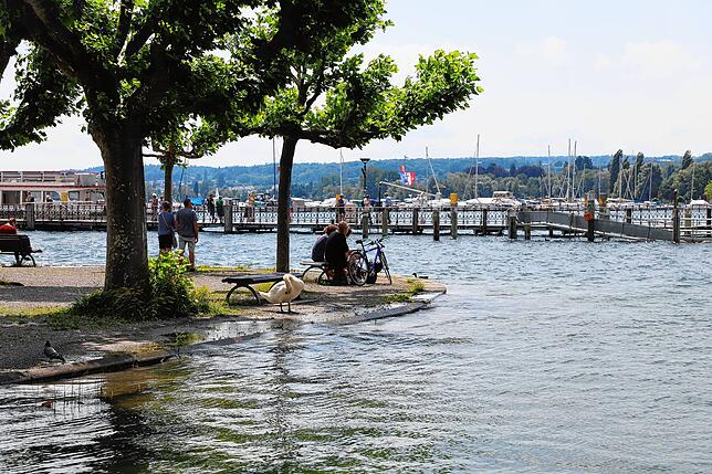 So sah es vor ein paar Wochen am Bodensee in Konstanz aus. Jetzt ist der Pegel unter die Hochwassermarke gesunken.