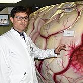 Anastasios Chatzikonstantinou, Ärztlicher Leiter der Akutneurologie und Frührehabilitation an den Kliniken Schmieder, erläutert an dem ...
