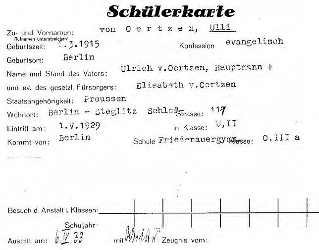 Nach dem Tod des Vaters war Hans-Ulrich von Oertzen 1929 im Alter von 13 Jahren nach Salem gekommen.