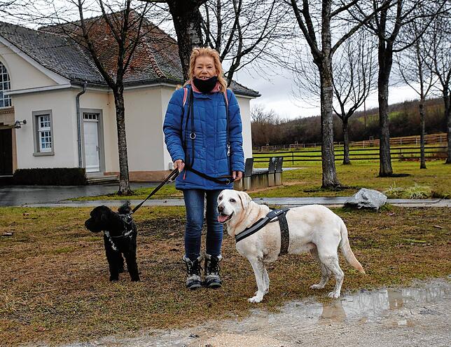 Brigitte Mairhofer, hier mit einem Tibet-Terrier und einem Labrador.