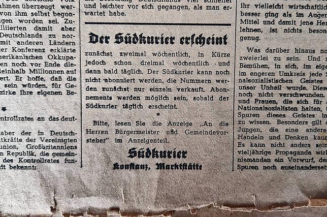 Der SÜDKURIER ist in der Anfangszeit zunächst mehrmals in der Woche erschienen, später täglich.