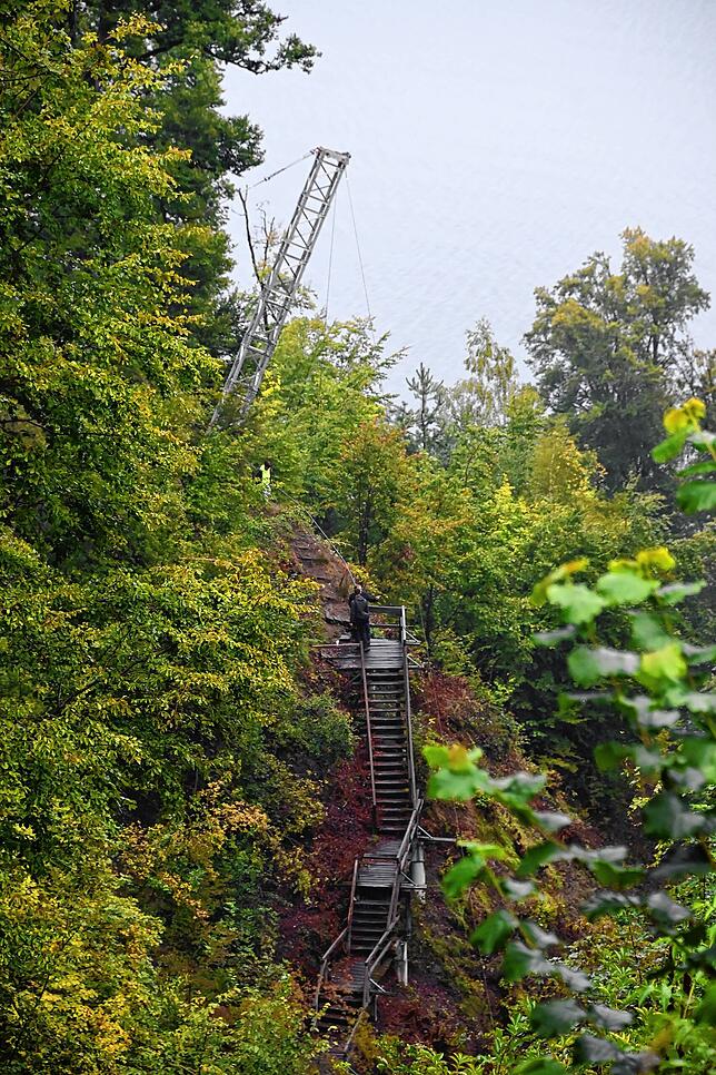 Der Blick vom Standort des Seilkrans auf die alten Stege und die Erich-Pohl-Kanzel in der Marienschlucht.