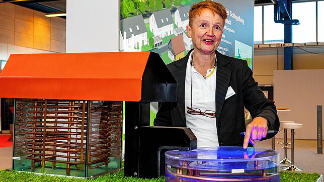 Petra Neubauer vom Stadtplanungsamt erklärt auf der Südwestmesse, wie ein in Weilersbach geplanter Eis-Energiespeicher funktioniert.
