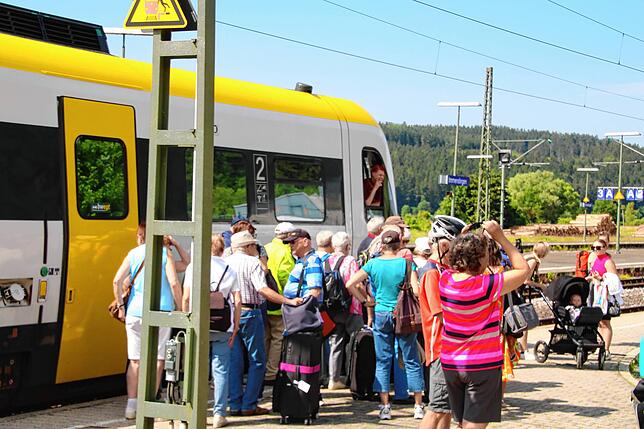 Einige gestrandete Fahrgäste erkundigen sich beim ebenfalls stehenden Ringzug danach, wie es weitergeht.