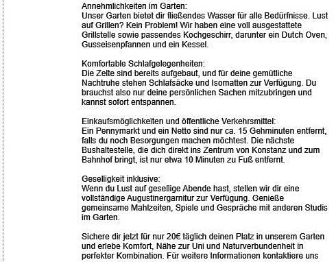 Diese Anzeige ist einige Zeit im Internet zu finden. Ein privater Garten wird als Campingplatz in Konstanz angeboten.