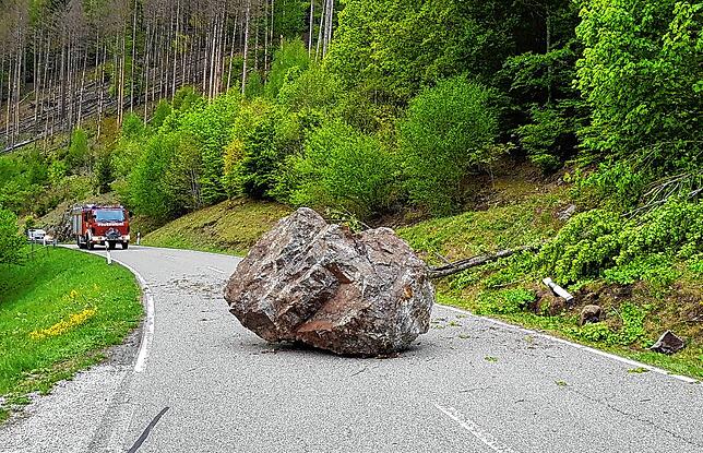 Der 28 Tonnen schwere Fels, der im Juni 2020 bei Todtnau auf eine Straße gerollt ist.