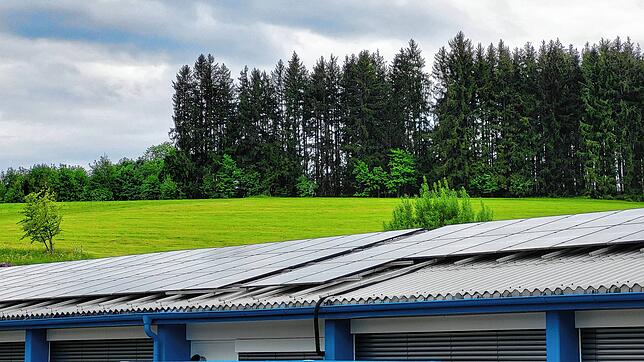 Auf dieser Wiese, oberhalb der Firma, von der das Firmendach zu sehen ist, plant der Unternehmer eine freiflächen-Photovoltaikanlage zu ...