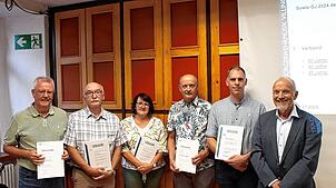 Die Geehrten der Villinger Stadtmusik mit dem Verbandspräsidenten (von links): Norbert Reismann, Franz Bucher, Monika Bucher, Bernhard ...