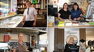 Von oben links im Uhrzeigersinn: Cesare Gianotti, Geschäftsführer von dem Eis-Café Zampolli, Buchhändlerin Simone Roth (links) mit der ...