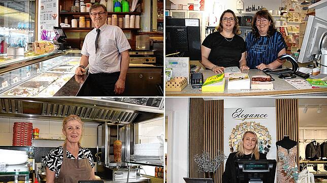 Von oben links im Uhrzeigersinn: Cesare Gianotti, Geschäftsführer von dem Eis-Café Zampolli, Buchhändlerin Simone Roth (links) mit der ...