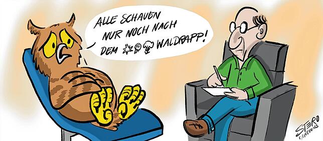 In jeder Überlinger Karikatur von Stefan Roth vertreten ist der Uhu aus dem Stadtgraben. Er kann getröstet werden, der Waldrapp hat ihm ...