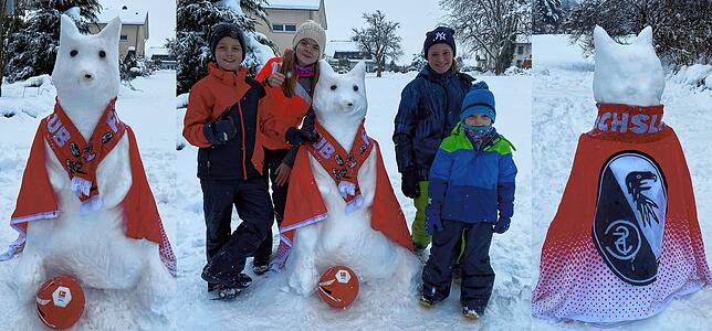Schnee-Füchsle: Als wahre Fans des SC Freiburg outen sich Cara, Viktoria, Lias und David aus Hausen im Wiesental. Mit viel Geschick und ...