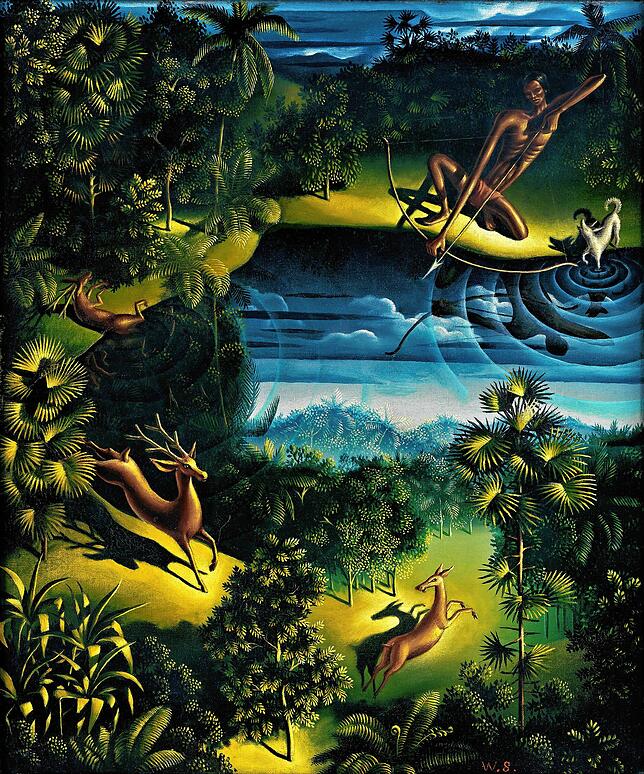 Walter Spies prägte mit seiner Malerei die Kunst Balis. Hier „Deer Hunt“ (1932), Rehjagd.