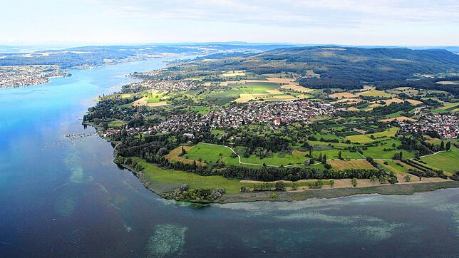 Blick von der Reichenau aus auf die Höri, links der Rhein, mittig die Kirche von Horn. Im Hintergrund rechts ist der Höhenzug des ...