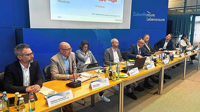 Matthias Jendryschik (von links) und Berater André Saliger stellen im Gesundheitsausschuss des Kreistages die Pläne für ein ...