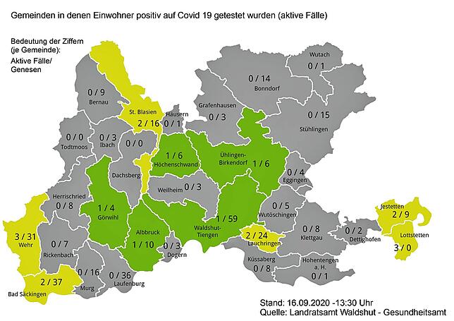 Zahl der Sars-CoV-2-Infektionen und Genesenen in den Städten und Gemeinden im Landkreis Waldshut am 16. September 2020.