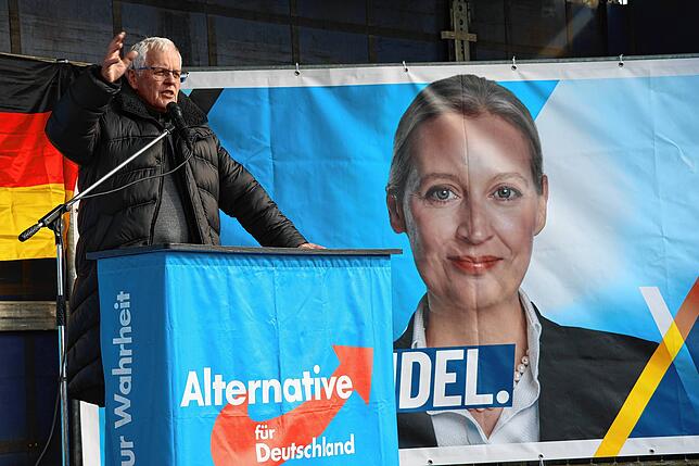 Emil Sänze, AfD-Landtagsabgeordneter des Wahlkreises Rottweil, auf der Bühne auf dem Dillplatz.