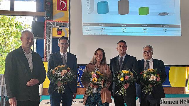Pfarrer Bernhard Stahlberger (links) übergab nach der Bekanntgabe des Wahlergebnisses in der Eissporthalle den drei Bewerbern (von ...
