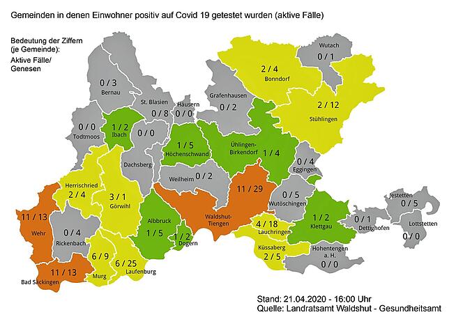Zahl der bestätigten Covid-19-Infektionen und der Genesenen in den Städten und Gemeinden im Landkreis Waldshut am 21. April 2020.