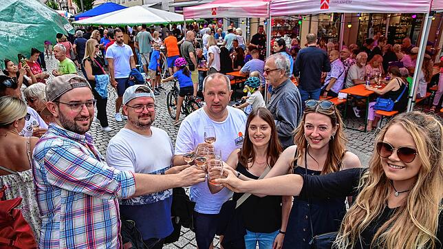 Zum Wohle beim Weinfest des Lions Clubs: Einen guten Tropfen oder andere erfrischende Getränke genießen hier Mark Schoner (von links), ...