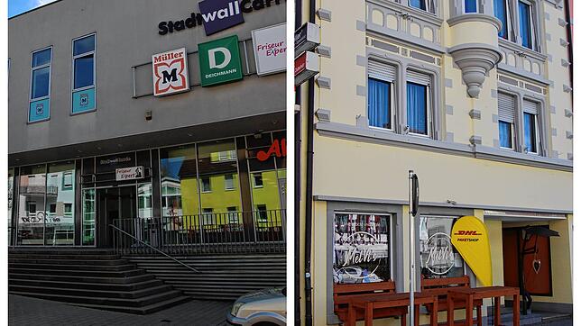 Zwei Orte, wo Menschen künftig in Stockach eine Postfiliale finden sollen: Stadtwall Carrée und Melvi&lsquo;s Unverpackt-Laden.