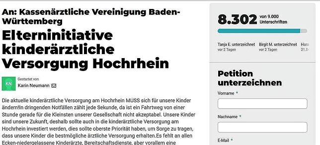 8.302 Unterzeichner hat die Petition der Elterninitiative für eine bessere kinderärztliche Versorgung am 24. April 2024.