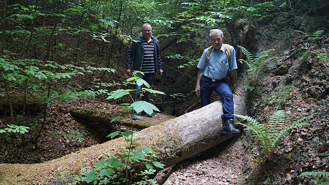 Alfred Reichle (rechts) und Daniel Späth müssen auf dem Weg zum Seeufer unterhalb des Burghofs bei Wallhausen Hindernisse überwinden. ...