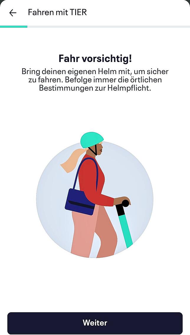 Bevor es losgeht, gibt es noch einige Sicherheitshinweise via App. Hier wird der Nutzer beispielsweise dazu aufgefordert, bei der Fahrt ...