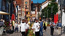 Der Fronleichnamszug bewegt sich durch die Rietstraße. Unter dem Baldachin trägt wird in einer Monstranz eine geweihte Hostie durch die ...