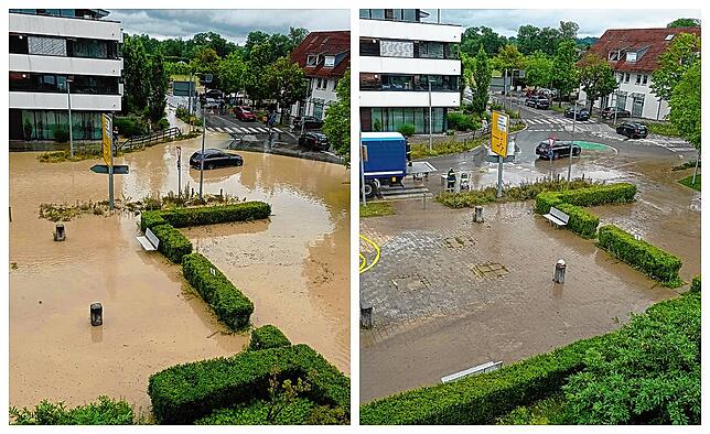 Vorher und nachher: Der Starkregen hatte am Vormittag des 26. Juni den Kernort von Oberteuringen komplett unter Wasser gesetzt. Am ...