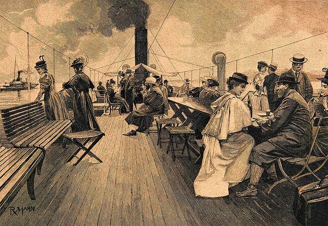 Auf dem Bodensee-Salondampfer suchten Urlauber um 1880 mediterranes Ambiente.