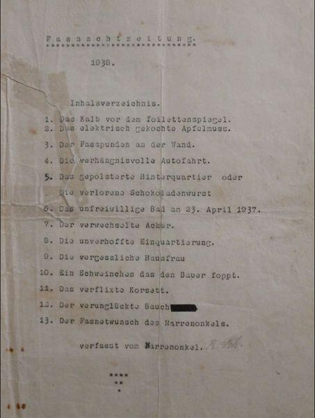 Das Narrenblatt von 1938 ist noch im Neudinger Archiv. Damals gab es sogar noch ein Inhaltsverzeichnis.