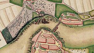 Ausschnitt des 1778 entstandenen Kunzelmann-Plans von Laufenburg. Einzelgebäude am heutigen Dreispitz oder der heutige Kriegerfelsen ...
