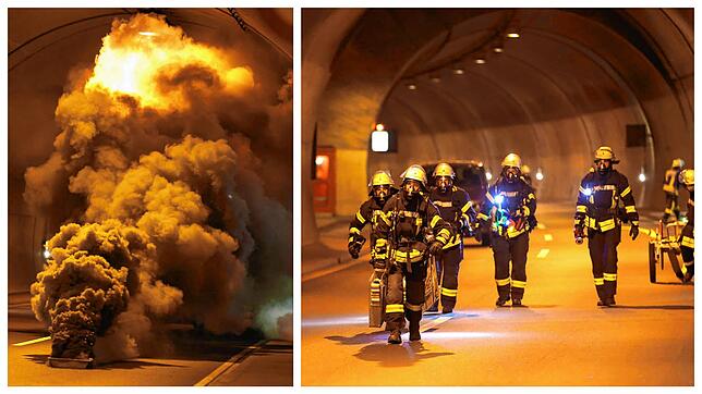 Wie Szenen aus einem Actionfilm: Die Feuerwehrleute machen sich im Tunnel auf die Suche nach dem Brandherd. Um die Übung möglichst ...