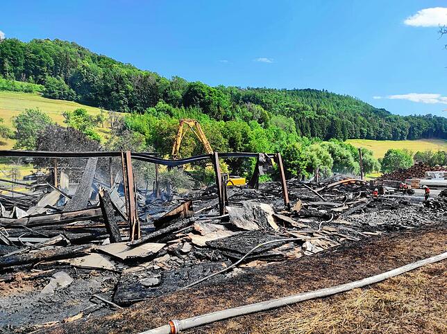 Ein Bagger entfernt Teile des eingestürzten Dachs. (Aufnahme vom 20. Juni)