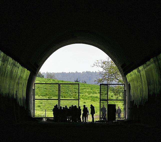 Menschen besichtigen den alten Engelbergtunnel in Leonberg: Hier wurden während des Zweiten Weltkriegs Häftlinge zur Zwangsarbeit ...