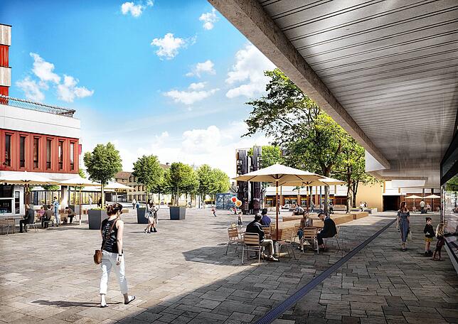Variante 3: Gräulicher Natursteinbelag mit ockerfarbenem Farbeinschlag über den gesamten Marktplatz.