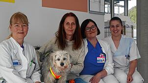 Sie freuen sich, dass „Idefix“ auf der Station D3 seinen Dienst als Therapiehund aufgenommen hat: (von links) Chefärztin Karin Schoser, ...