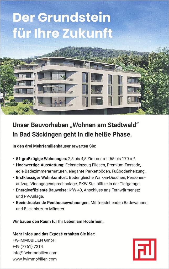 Bild 1: Bauvorhaben der FW Immobilien „Wohnen am Stadtwald“in Bad Säckingen: Individuelles Wohnen in attraktiver Lage