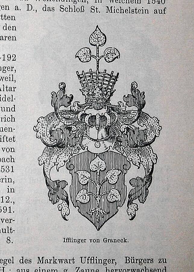 So sieht das Familienwappen der Ifflingers in vollem Umfang aus. Unten das Wappenschild mit den fünf Blättern, darumherum viel Zierrat, ...