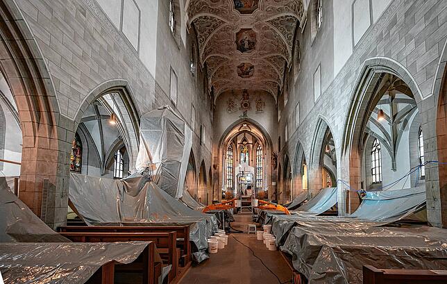 Bild 1: Im Radolfzeller Münster wird geschossen &ndash; zumindest um die Wände wieder erstrahlen zu lassen. So laufen die Reinigungsarbeiten in den historischen Gemäuern