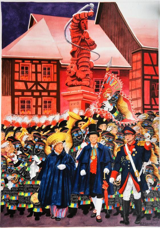 Narrenvater Thomas Pross (links) freut sich mit Maler Fridolin Mandausch über eine gelungene Ausstellungseröffnung. Als Laudator reimt ...