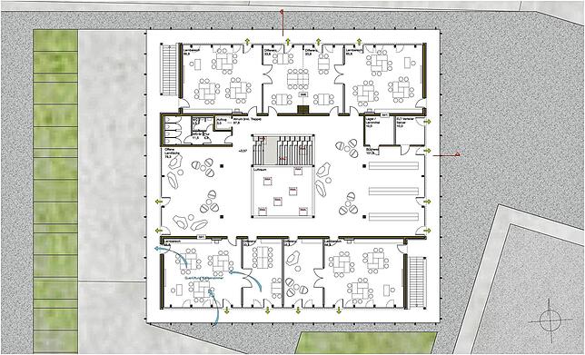 Hier ist das Obergeschoss der geplanten neuen Schule zu sehen, mit Klassenzimmern und Lernbereichen.