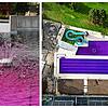 Lila sprudelt das Wasser im Kinderbecken und auch die großen Becken präsentieren sich aus der Vogelperspektive in neuer Farbe.