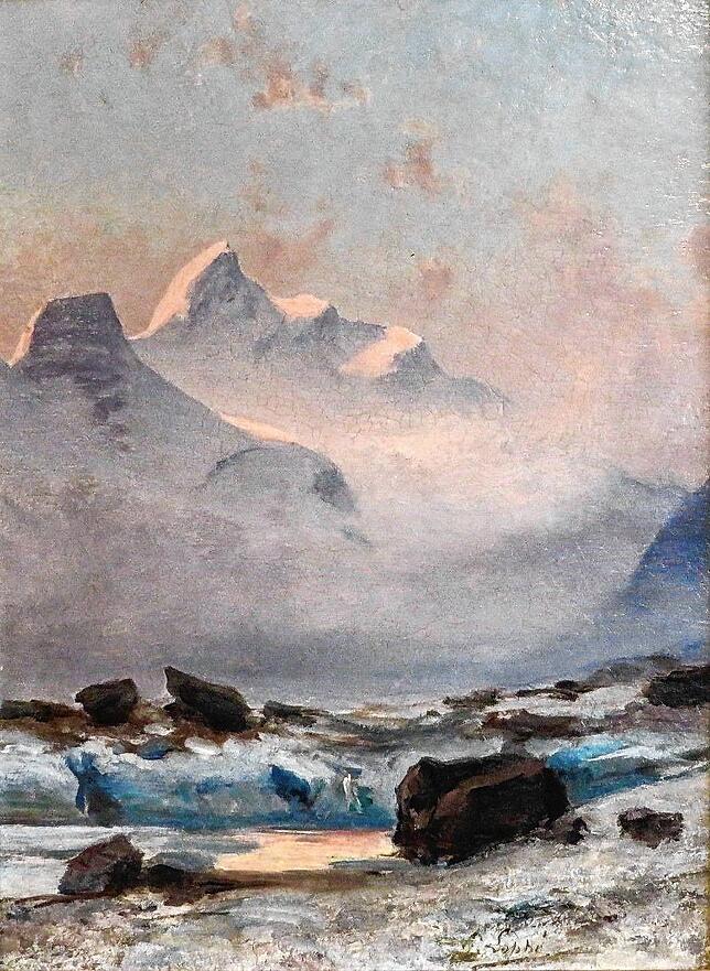 „Die Jungfrau in den Berner Alpen bei Sonnenaufgang“ lautet der Titel dieses Bildes, das der französische Maler, Fotografen und ...