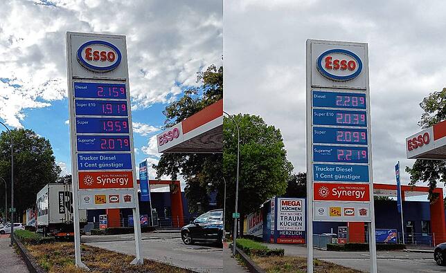 Die Spritpreise an der Esso-Tankstelle in Bad Säckingen am Abend vor Ende des Tankrabatts (links) und am Morgen danach.